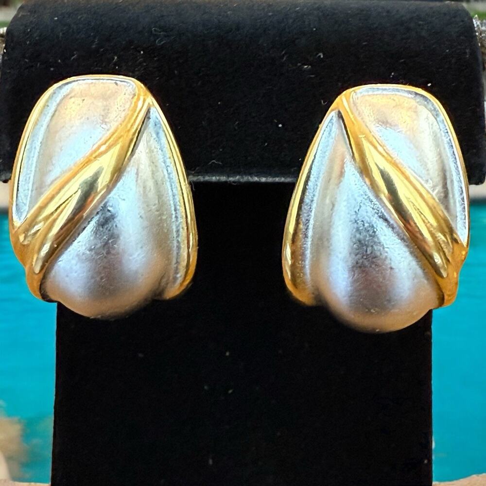 Vintage Erwin Pearl Brushed Silver & Gold Tone Pierced Earrings Signed PEP